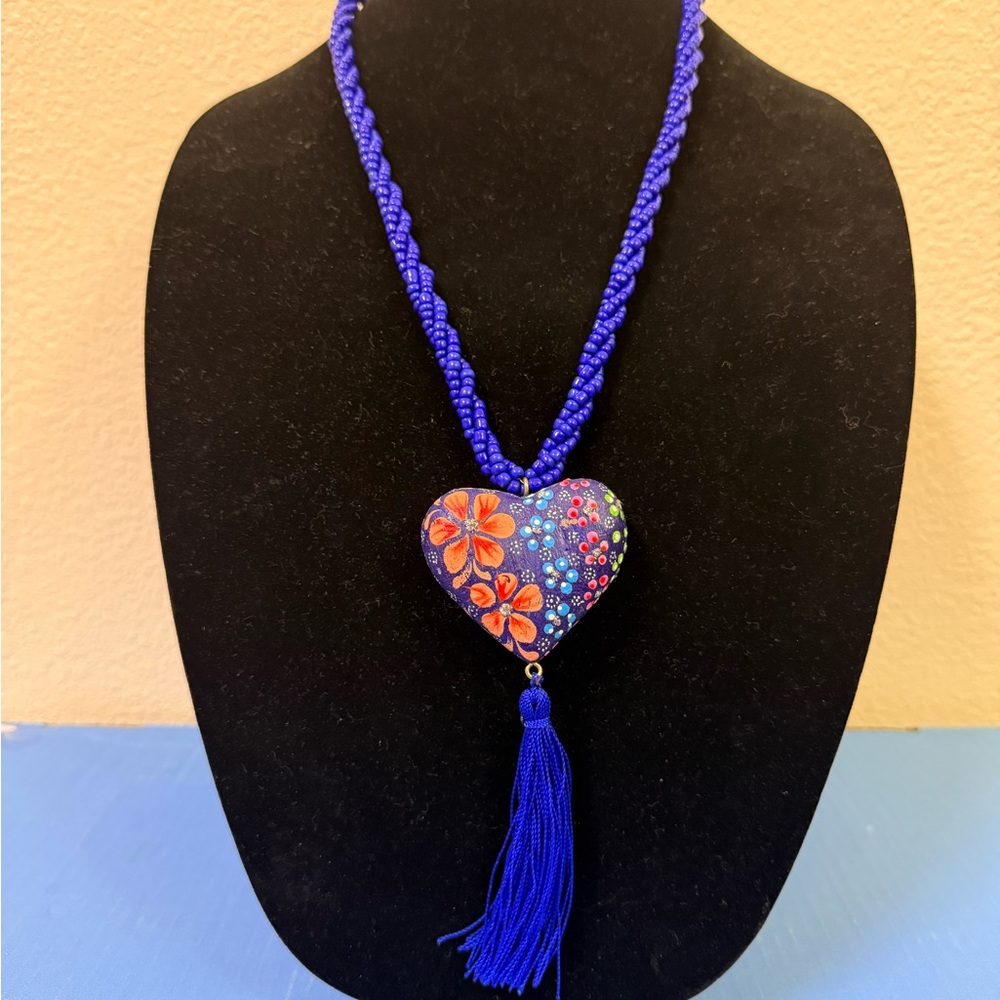 Artesanal Blue Heart Pendant Necklace Floral Detail with Tassel